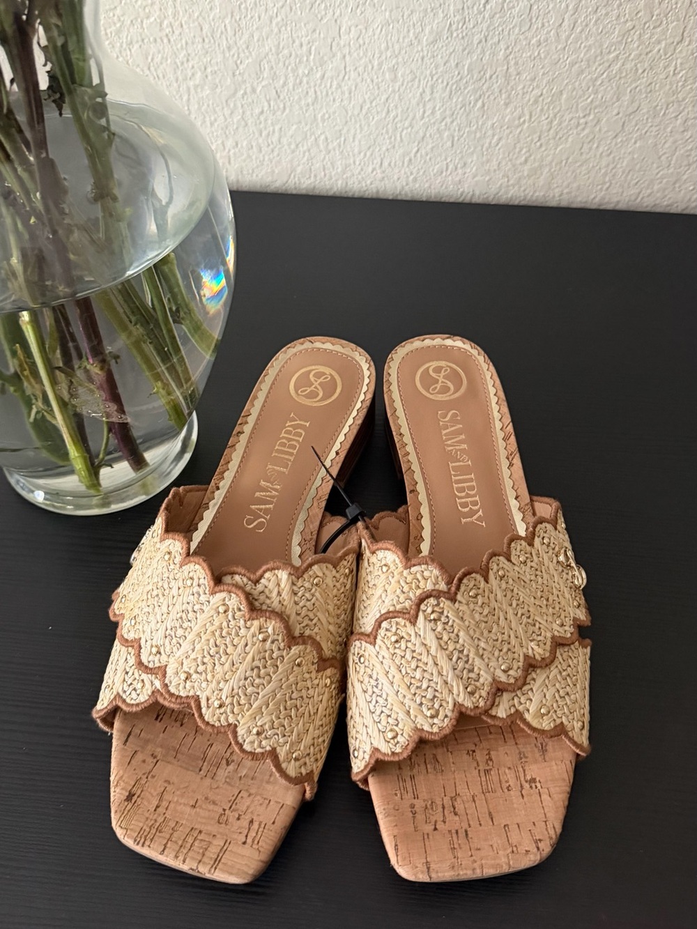 Sam & Libby Beige Raffia Slide Sandals